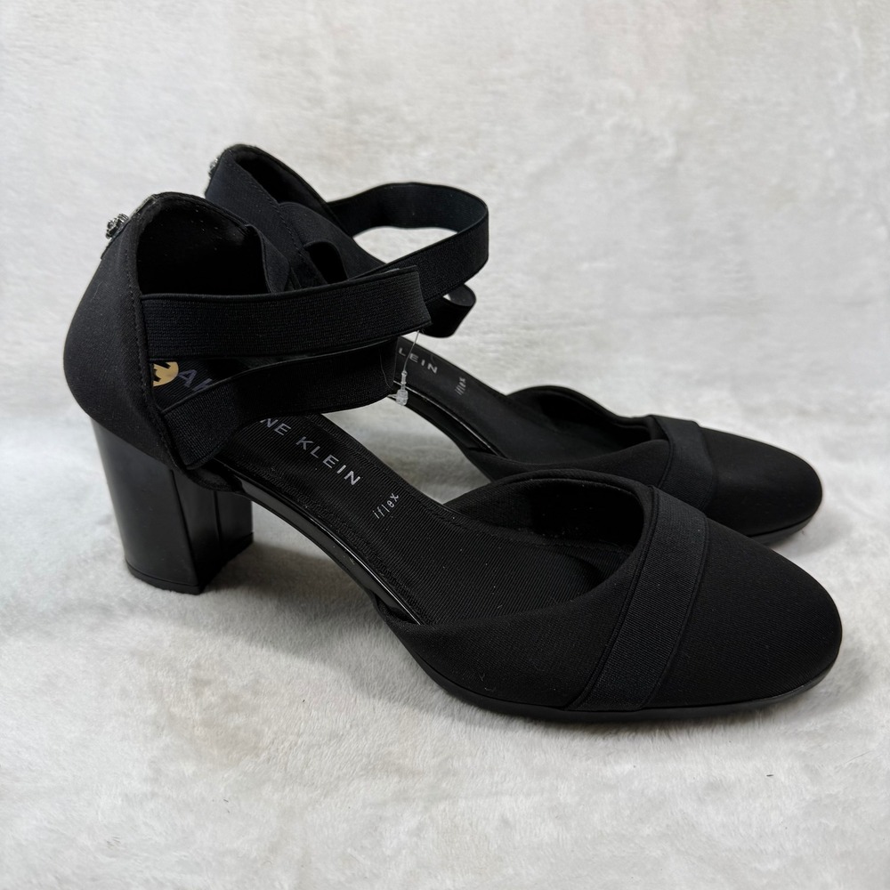 Anne Klein Cecily Black Block Heel Pumps Elastic Straps iFlex AKCECILY Mens 11M